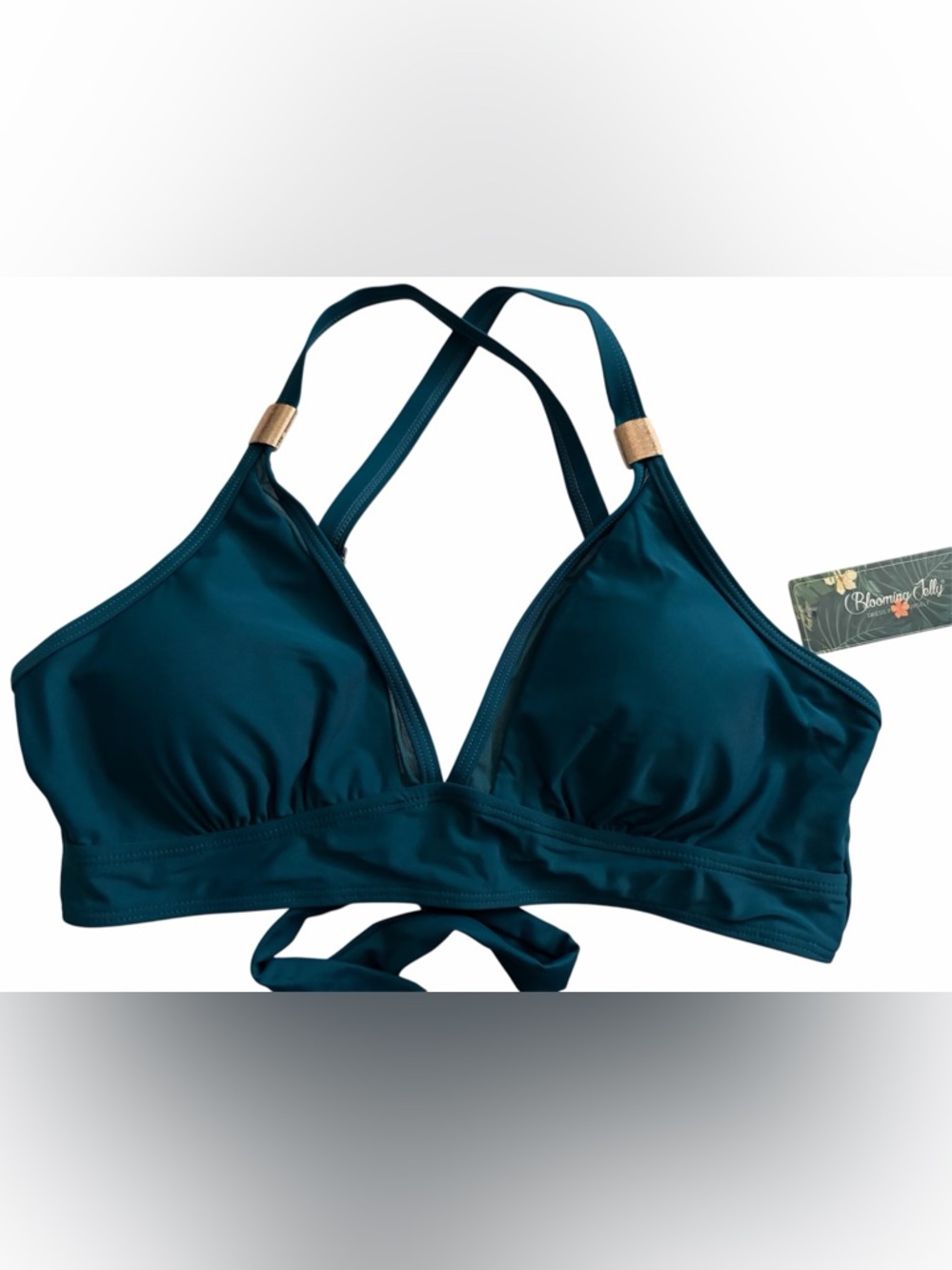 Blooming Jelly Teal Crisscross Back Bikini Top, NWT, Size L